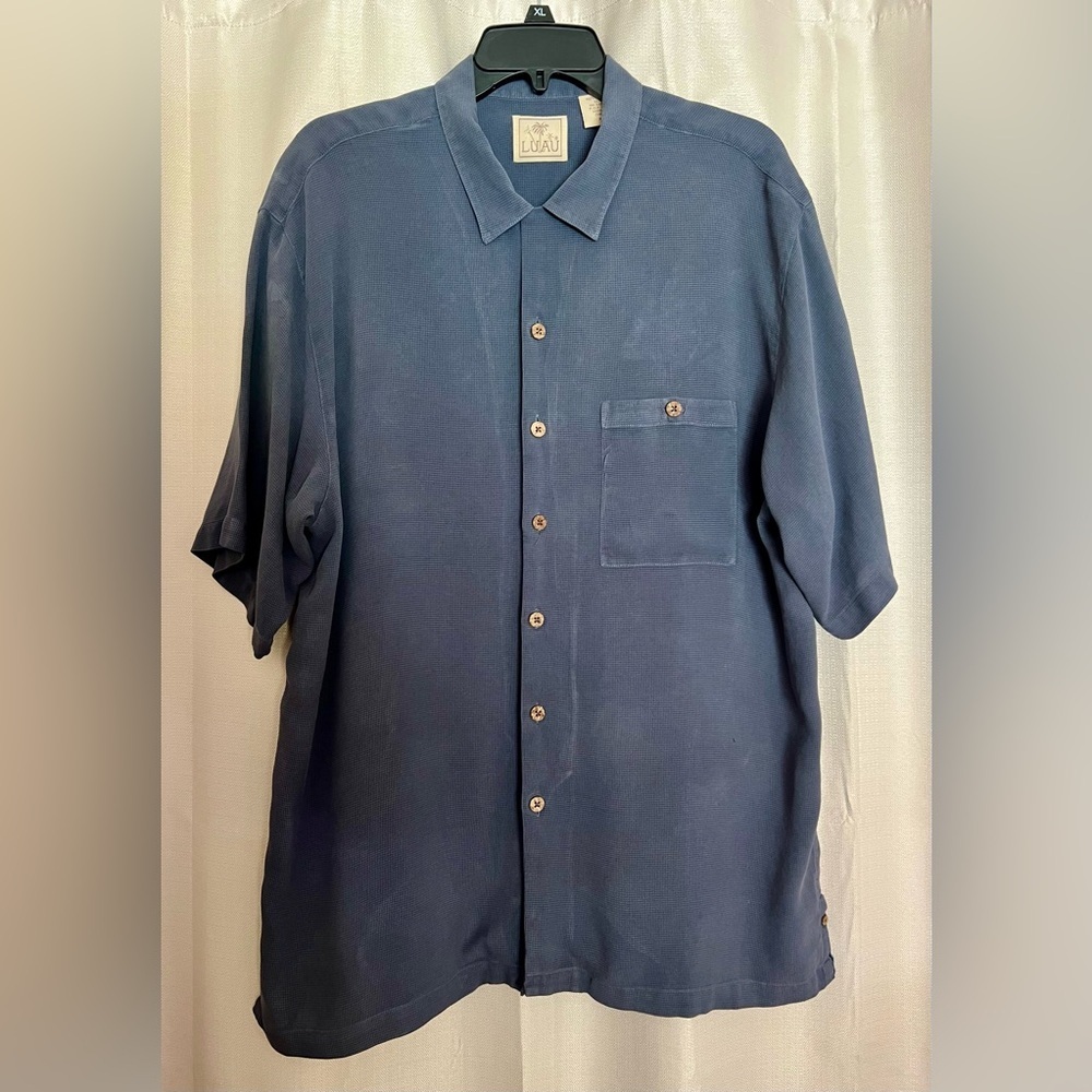Luau 100% Silk Button-Down Shirt XL – Blue Textured Short Sleeve